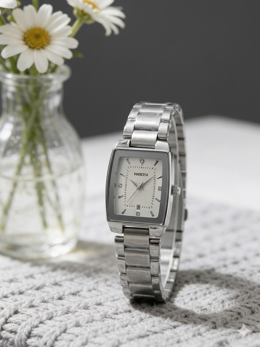 Montre Femme NIBOSI "Silver Executive" - Boîtier Rectangulaire & Cadran Blanc Pur