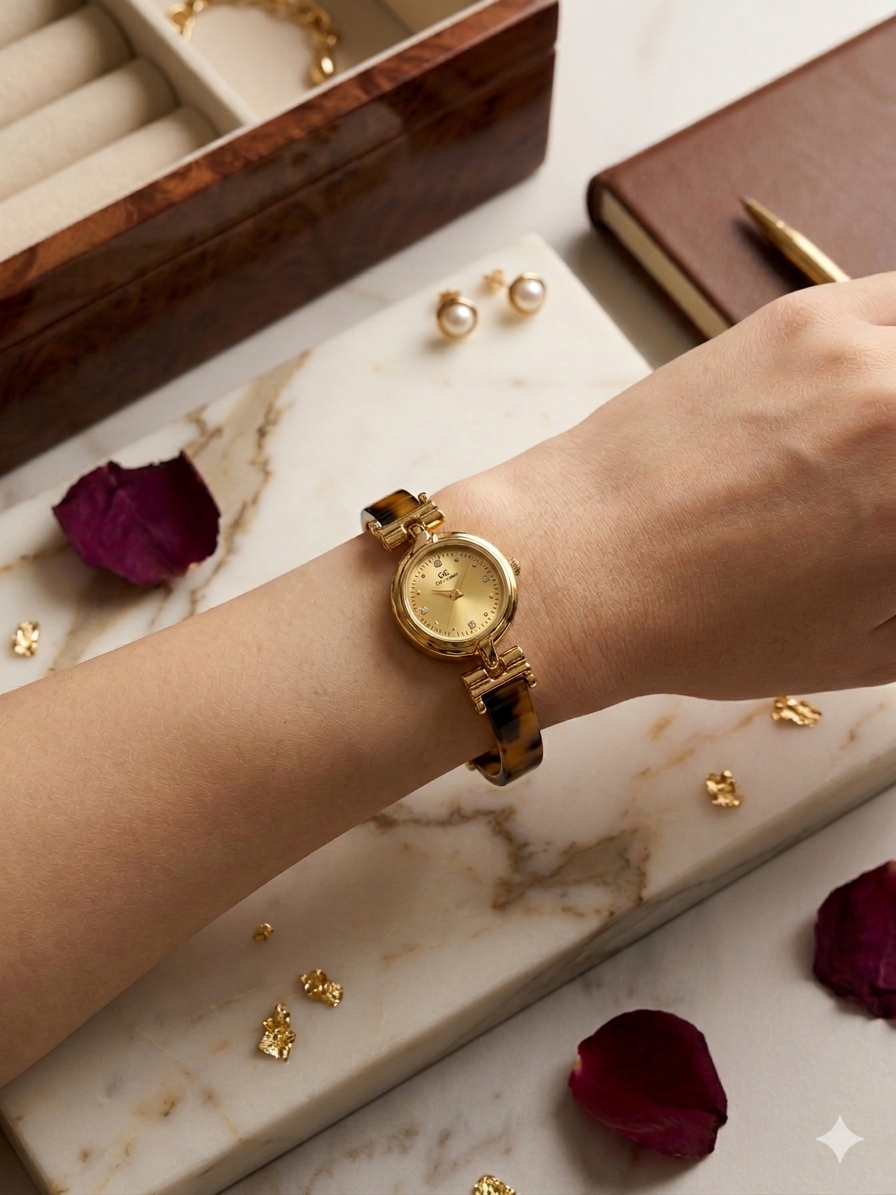 Montre Femme BS Bee Sister "Heritage" - Bracelet Écaille de Tortue & Finition Or