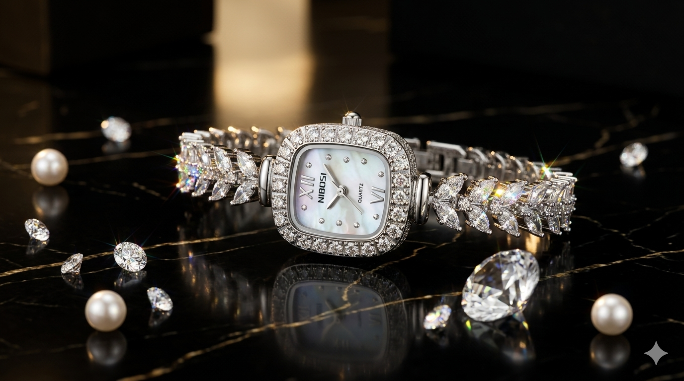 Montre Rivière NIBOSI "Éclat Stellaire" - Bracelet Cristaux Marquise & Cadran Nacre